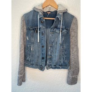 Free People Denim Jacket with knit sleeve and hood